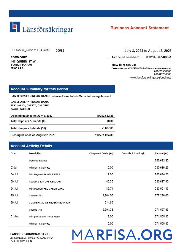 Blank Lansforsakrigar Bank company checking account statement Word and PDF template